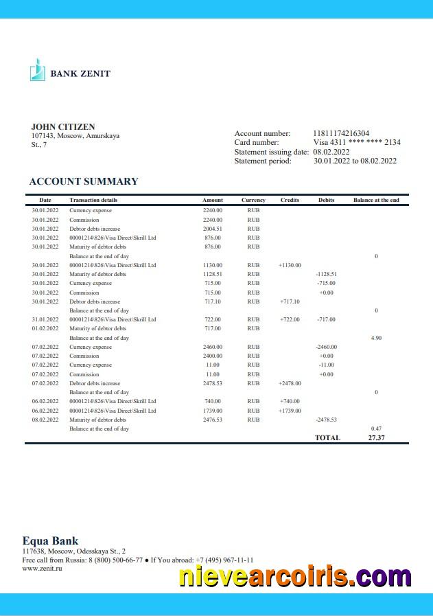 Russia Zenit Bank statement
